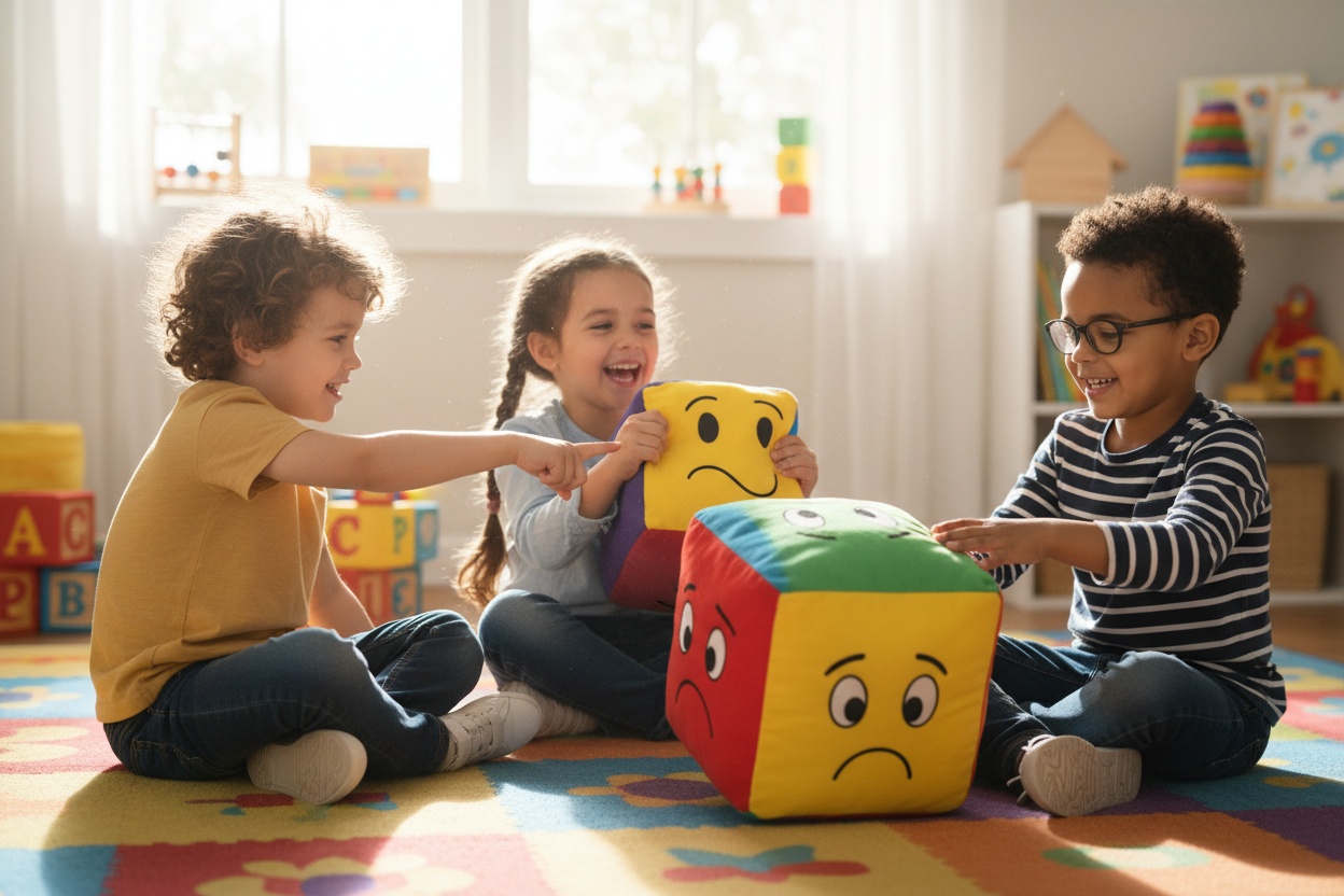 Niños jugando con cubo de emociones